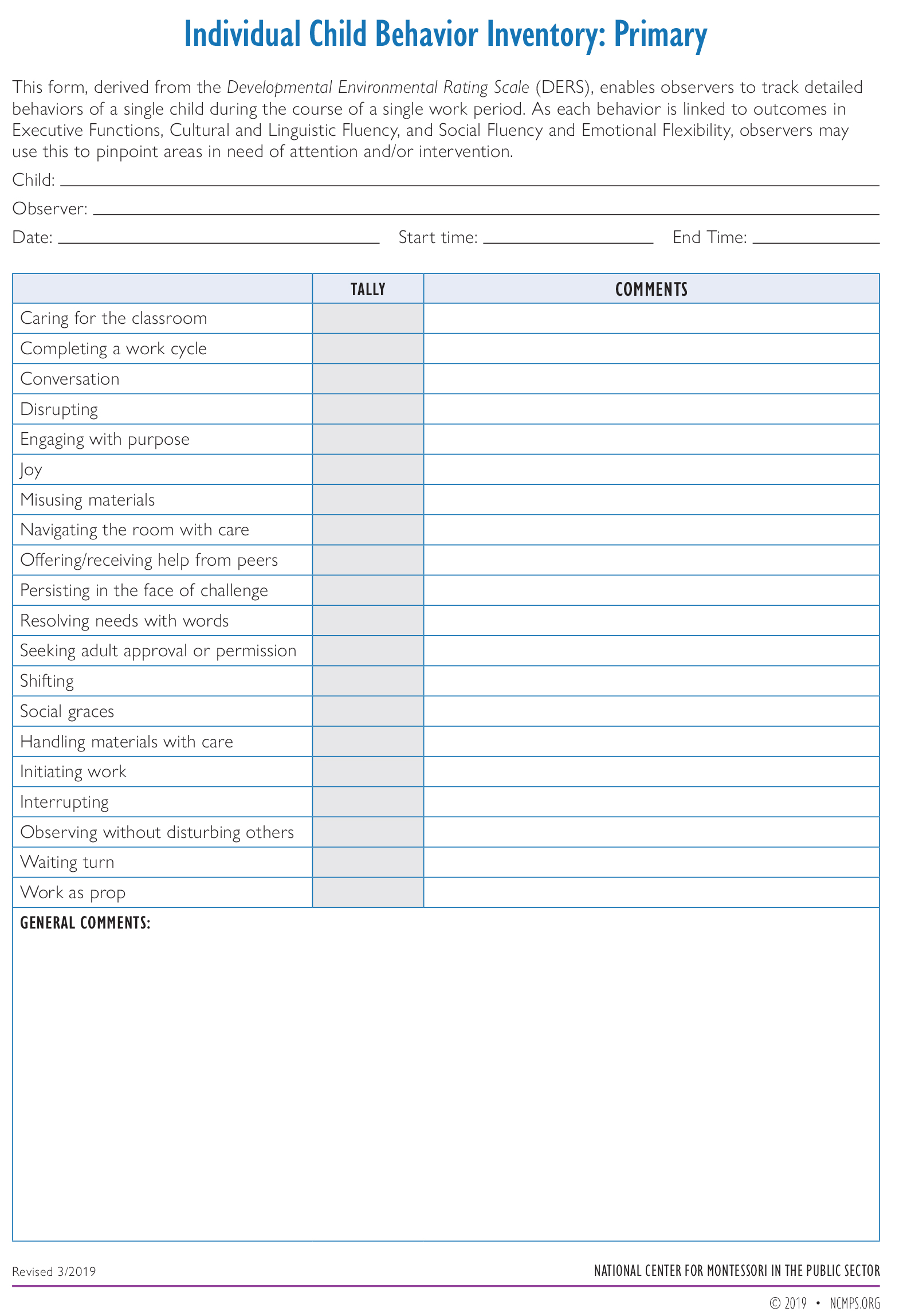 Individual Child Behavior Inventory—Assessment Playbook Version
